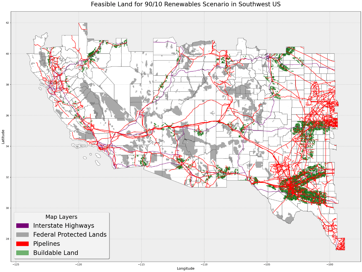 Scale Feasible Land for 90/10 Renewables Scenario in Southwest US